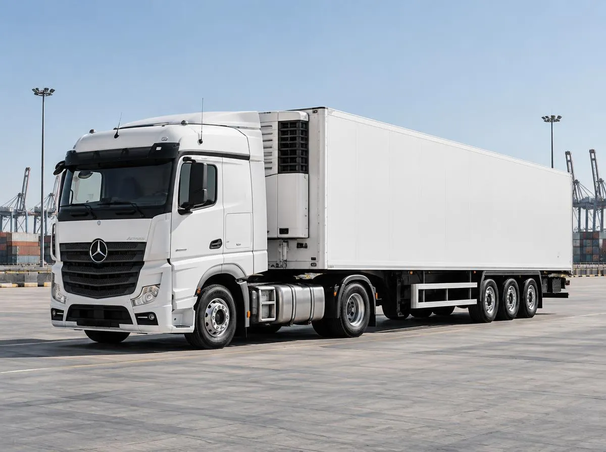 DegreeZero 40-foot Mercedes-Benz Actros refrigerated trailer at a Dubai cold-chain facility