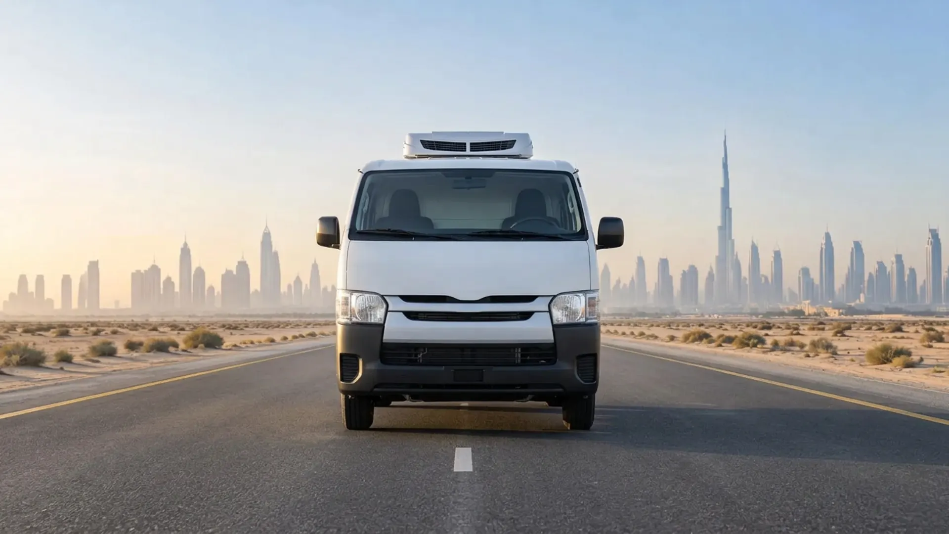 1 ton chiller van rental Dubai, refrigerated van on the highway with the Dubai skyline behind